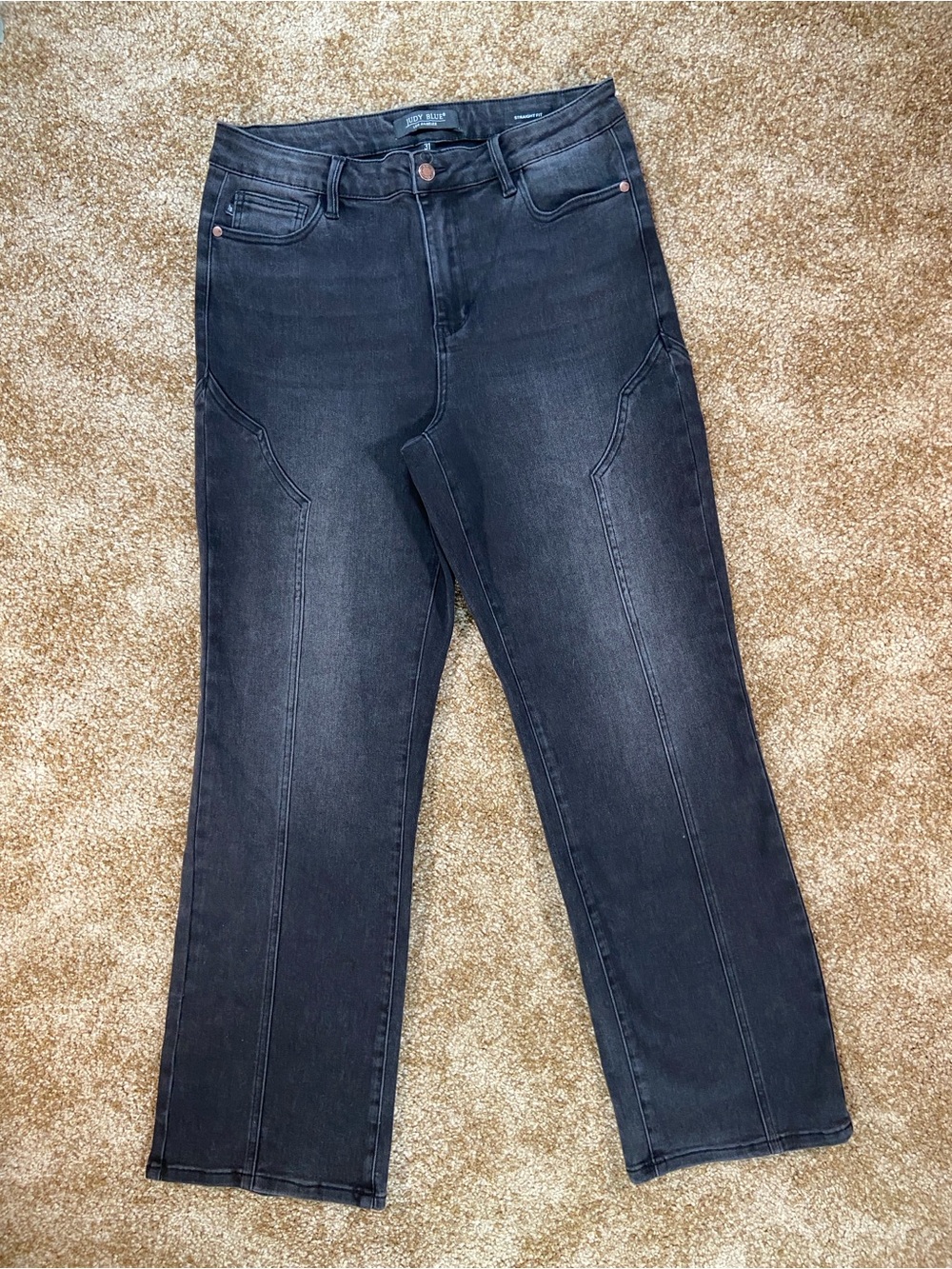 Judy Black Washed Wide/Straight Fit Jeans Unique Stitching Size 31 Stretch Denim
